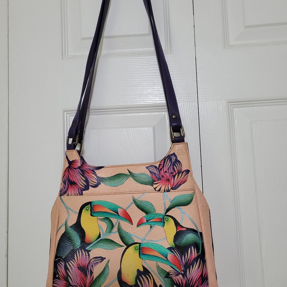 Anuschka Anna handpainted leather handbag...beautiful Toucan tropical artwork.